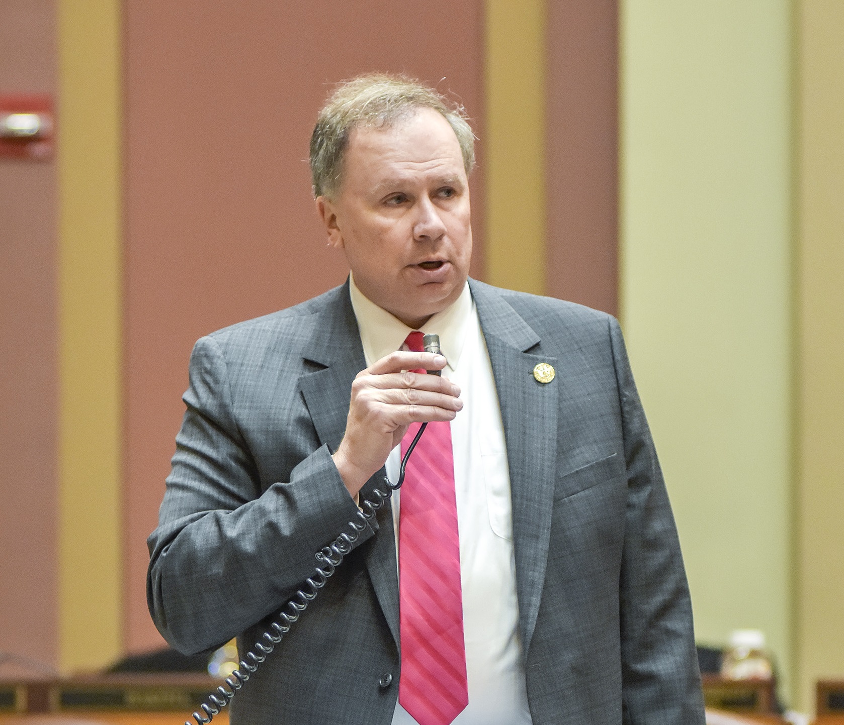 Rep. Jim Knoblach speaks on the House Floor during the 2018 session. Knoblach suspended his re-election campaign Friday. (House Photography file photo)